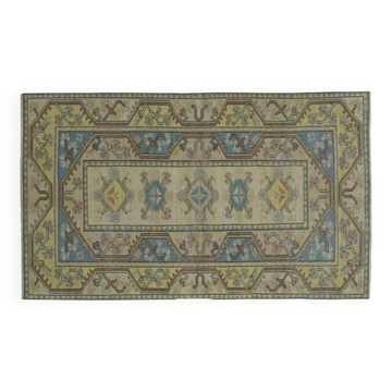 1970s Vintage Turkish Handmade Wool & Cotton Green Blue Area Rug 110x194