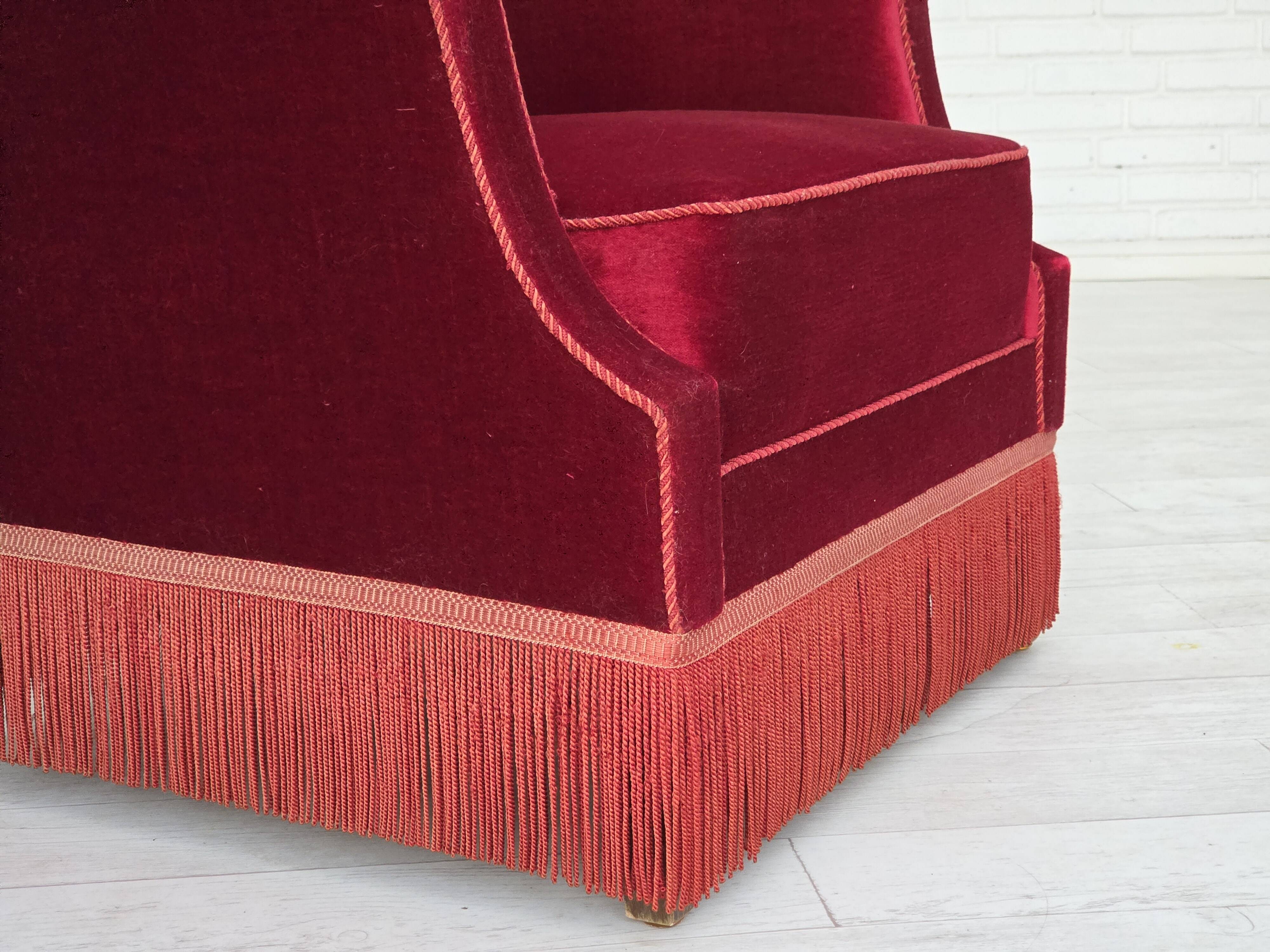 1960s, Danish armchair, cherry-red furniture velour, ash wood, original.