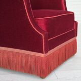 1960s, Danish armchair, cherry-red furniture velour, ash wood, original.