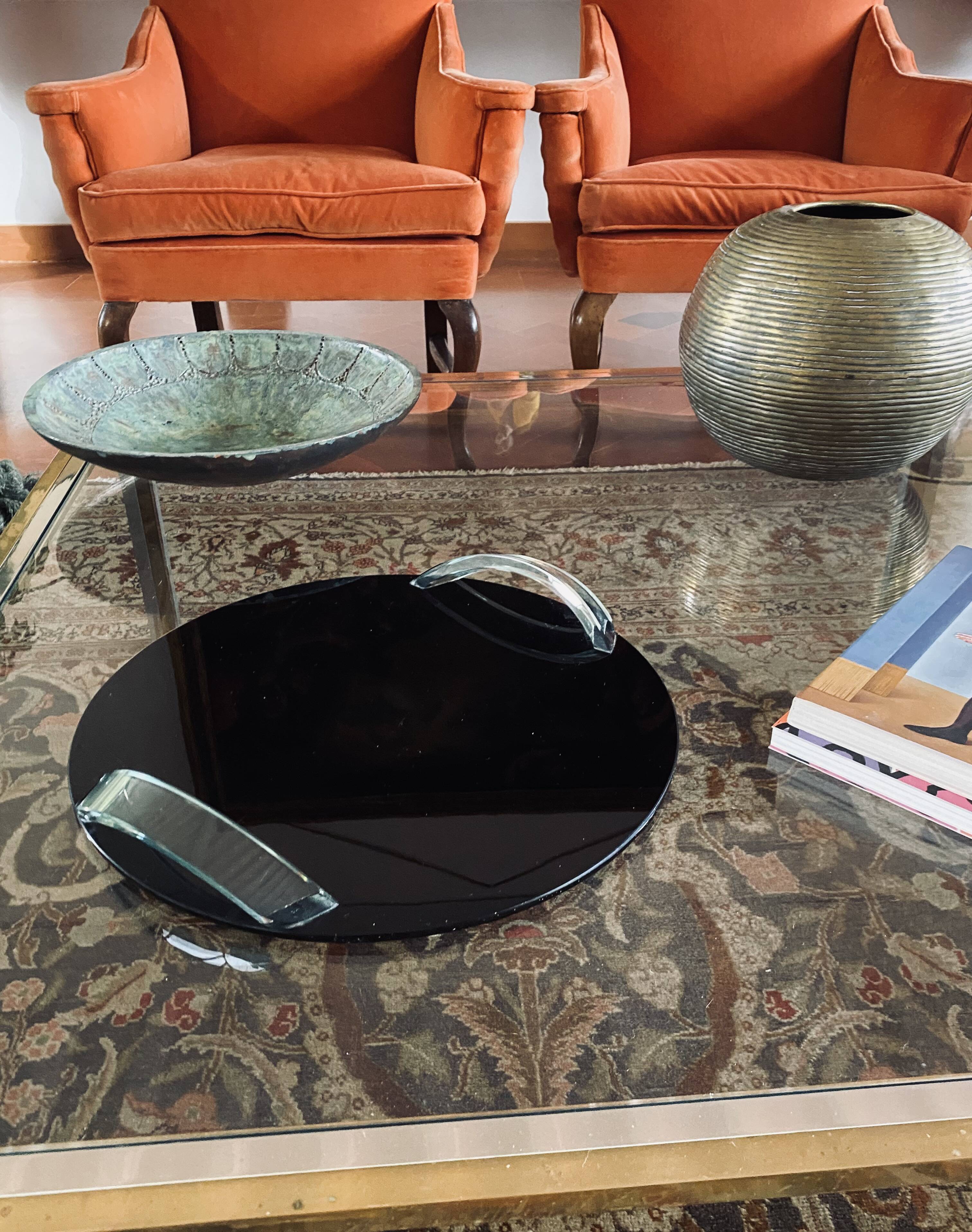 Hollywood regency black glass tray, Italy 1970s