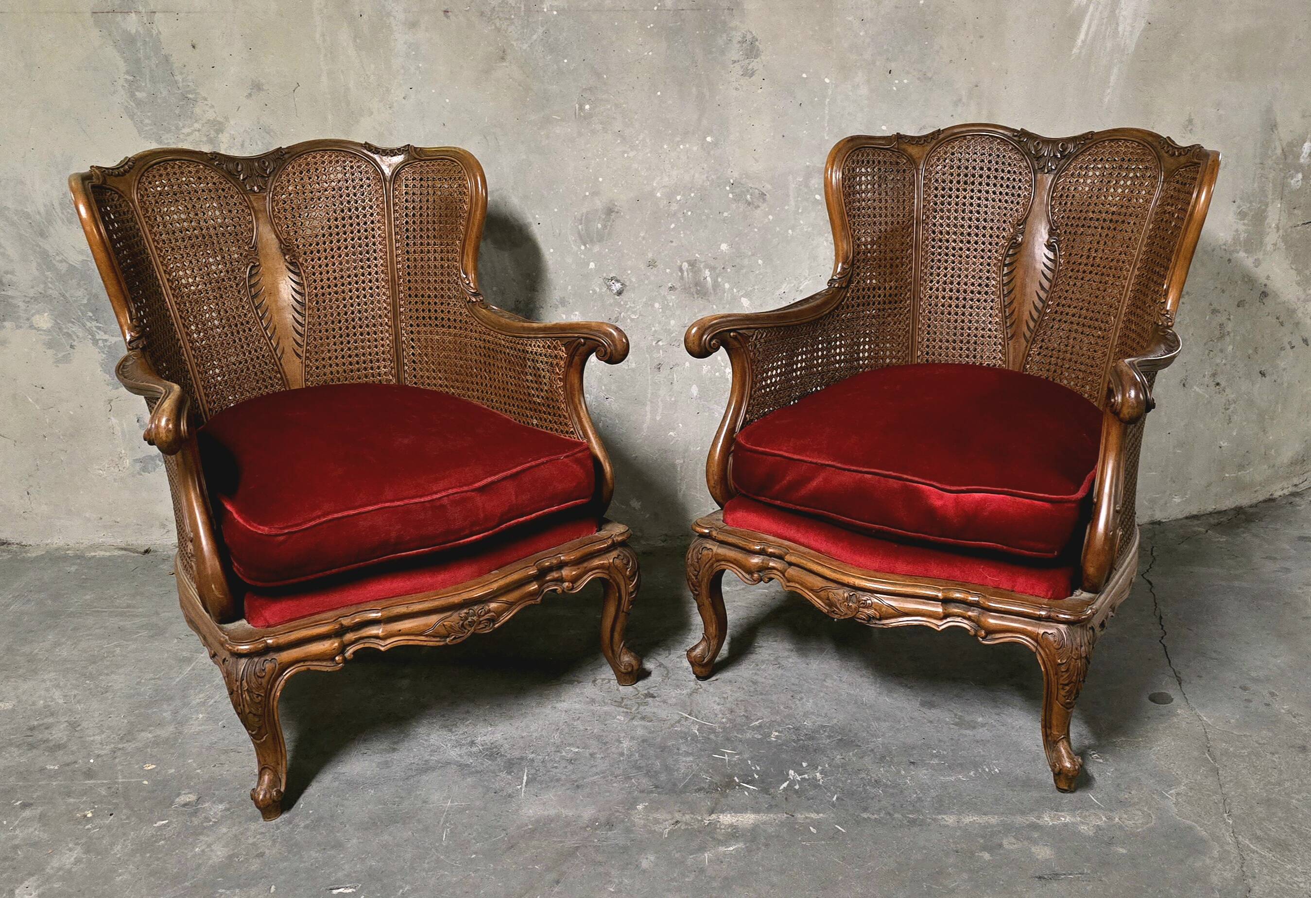 Pair of wooden and rattan armchairs, Louis XV style
