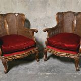Pair of wooden and rattan armchairs, Louis XV style