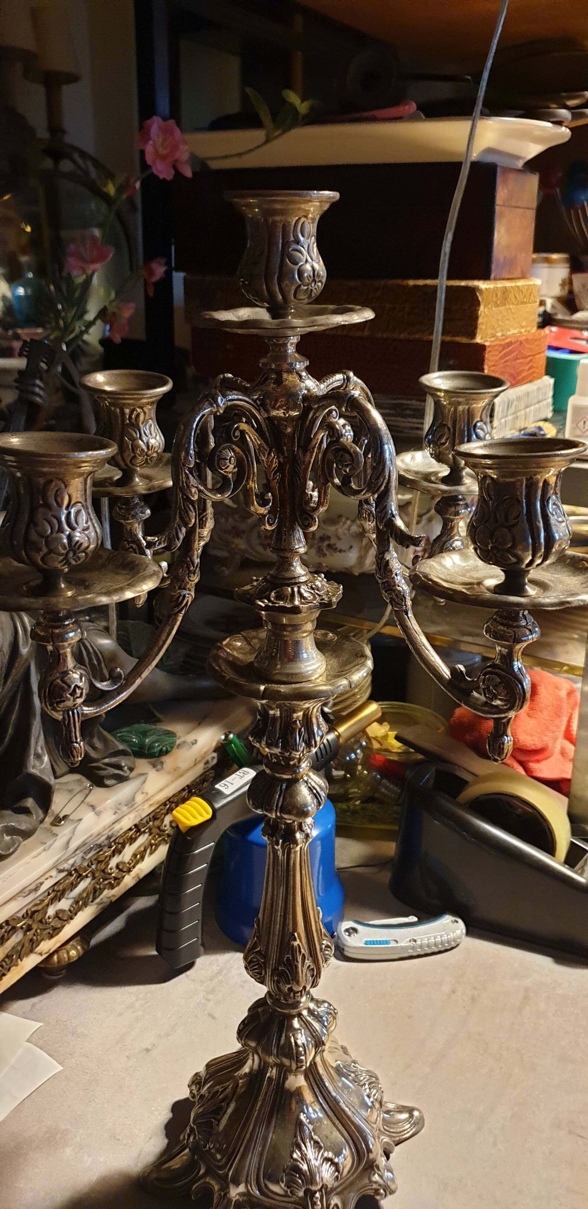 Silver metal candlestick 5 lights baroque style