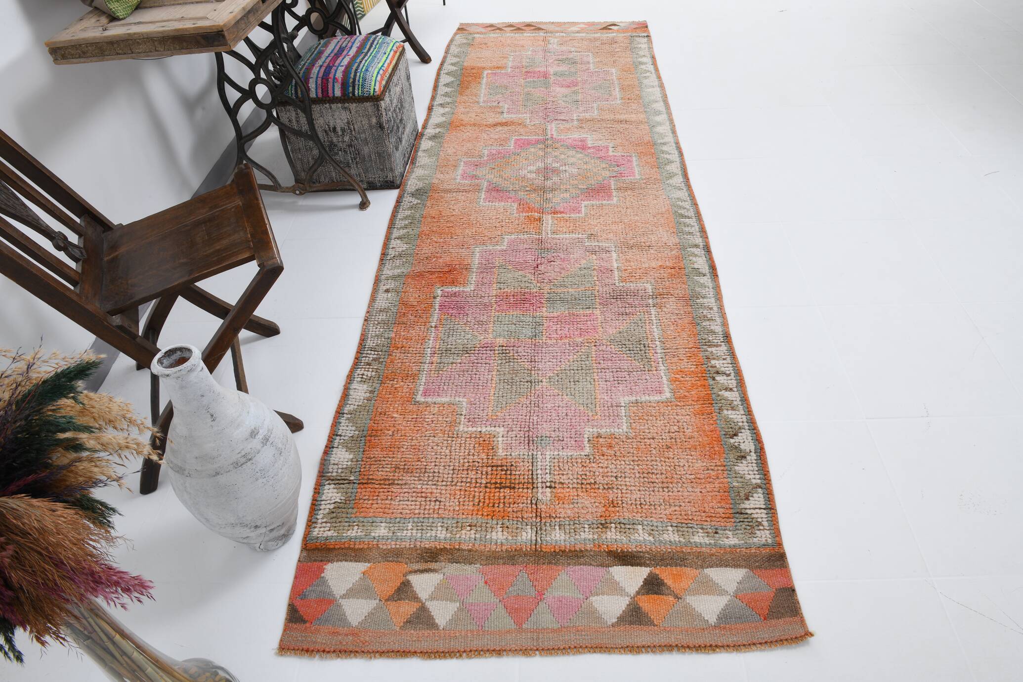 3x10 Orange Brown Handmade Wool Vintage Runner Rug, 103x323Cm SK 18245