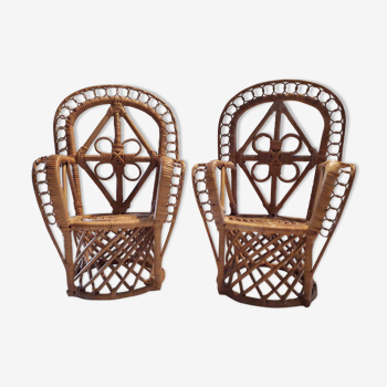 Duo of rattan doll chairs