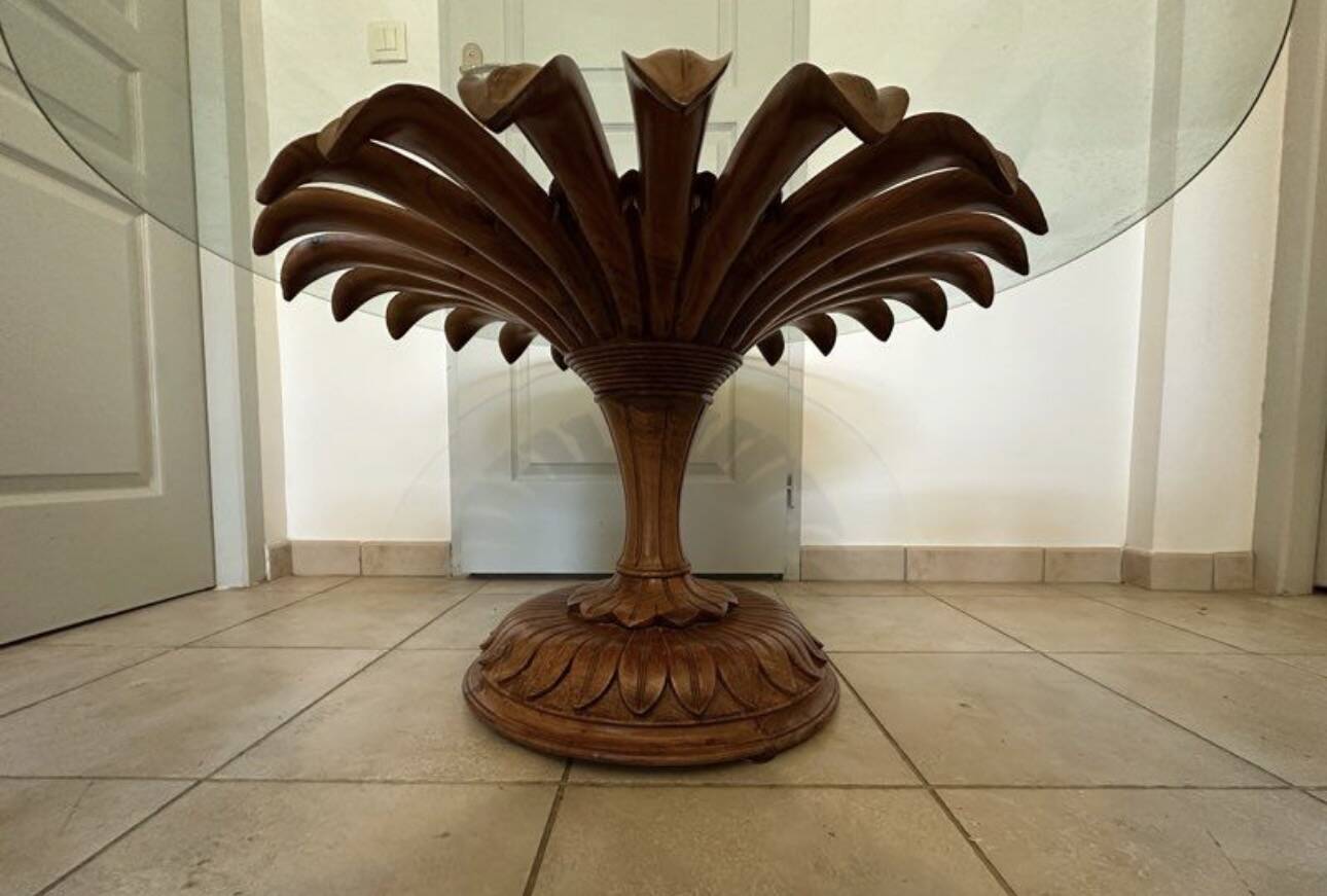 Set of 3 vintage coffee tables in carved wood and glass – floral pattern