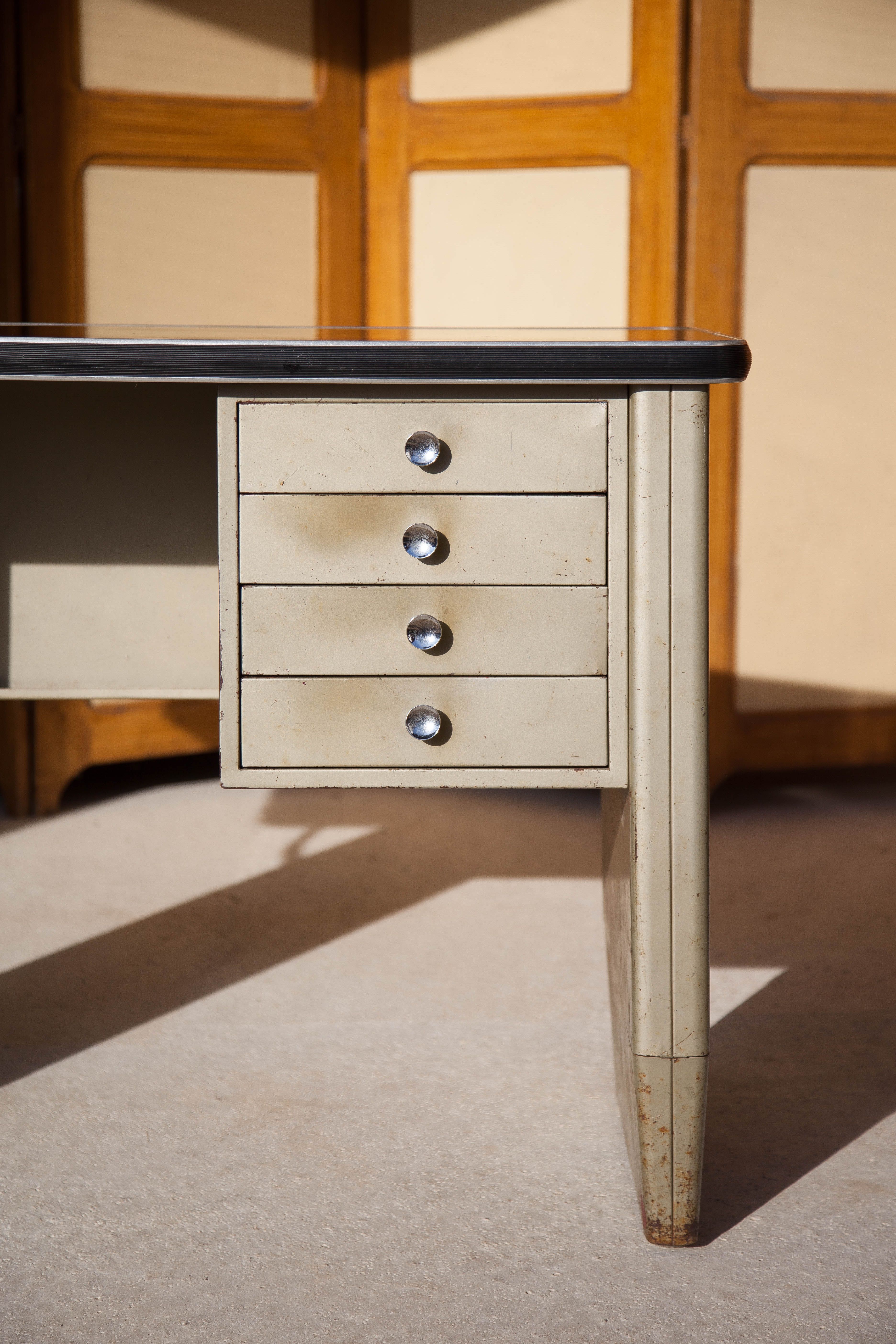 Vintage metal desk, desk with drawers and folding shelf, vintage desk