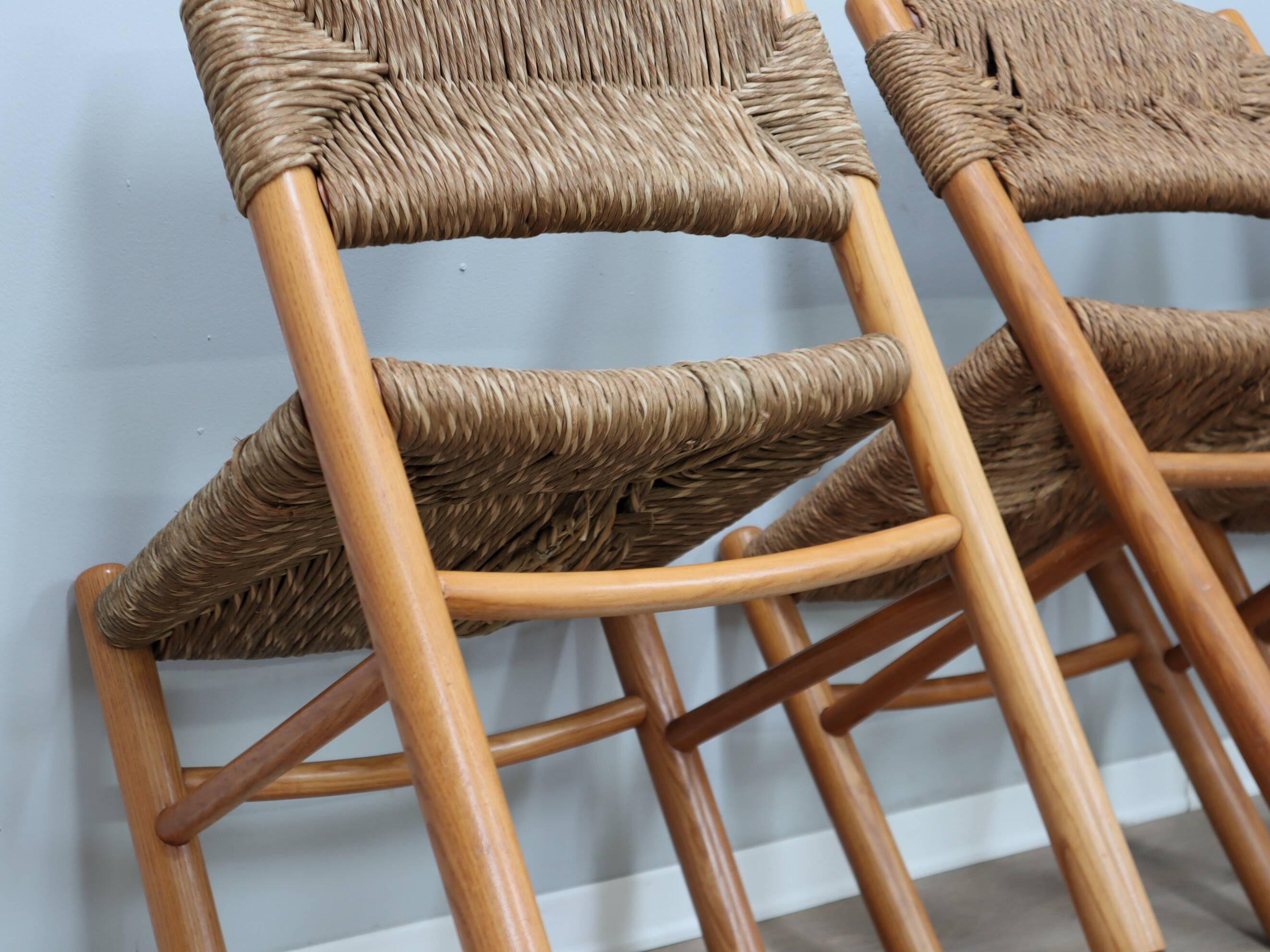 Set of 8 chairs 1960s Charlotte Perriand Style woven straw & wood