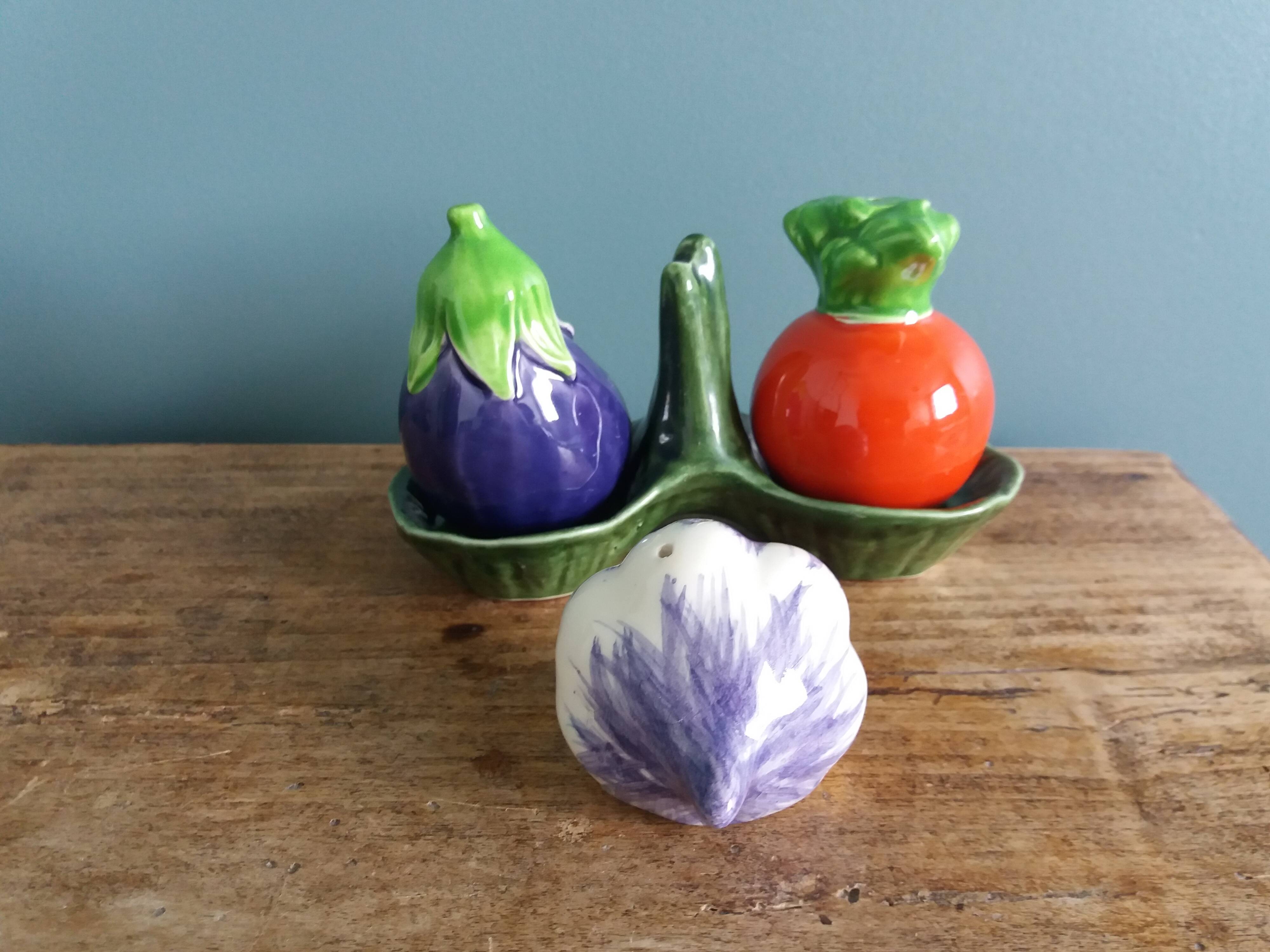 Vegetable salt and pepper shaker in slip