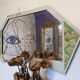Vintage geometric mirror with floral decoration – painted patinated wood – 79 cm