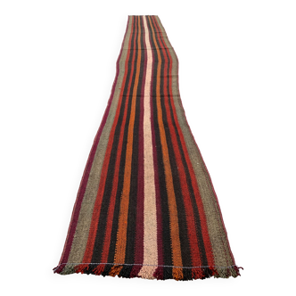 Ancien tapis Kilim étroit turc 371x46 cm shabby chic, kelim vintage