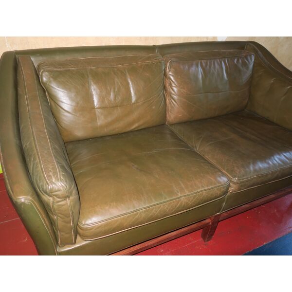 Leather Teak Frame 2 Seater Sofa By, Olive Oil On Leather Sofa
