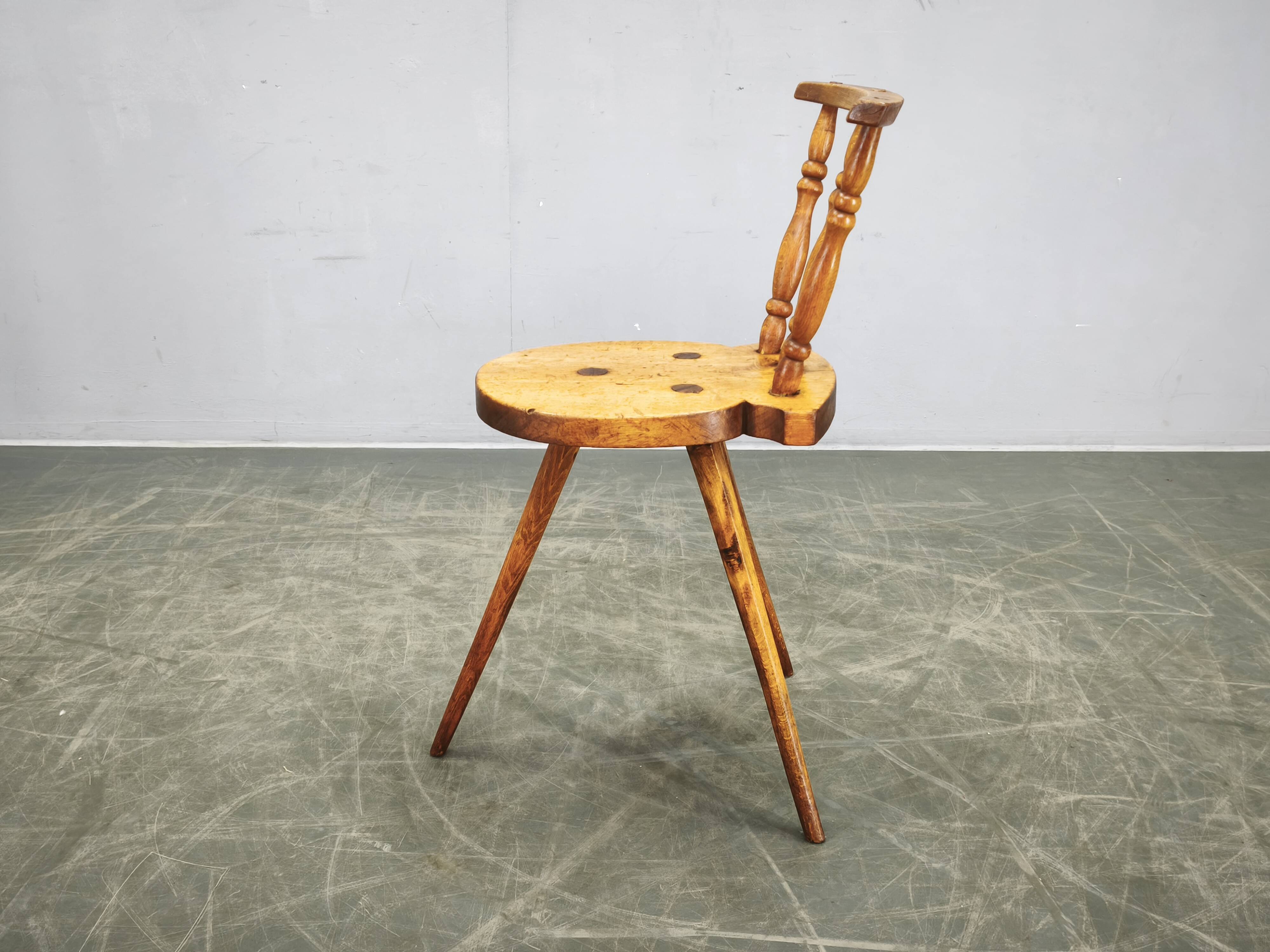 Primitive Solid Beech Folk Chair, Czechoslovakia, 1940s