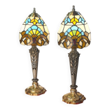 Pair of bronze and pewter lamps from 1900 to 30, glass paste lampshade 44x15