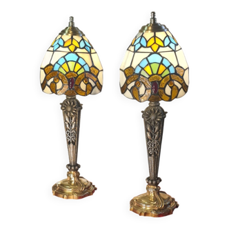 Paire lampe bronze et étain 1900 à 30 abat jour pate de verre 44x15
