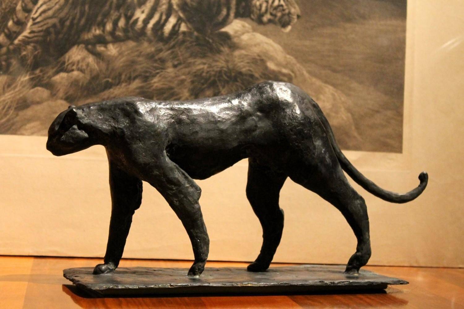 Art Deco Inspired Black Patinated Bronze Leopard Sculpture, 2020