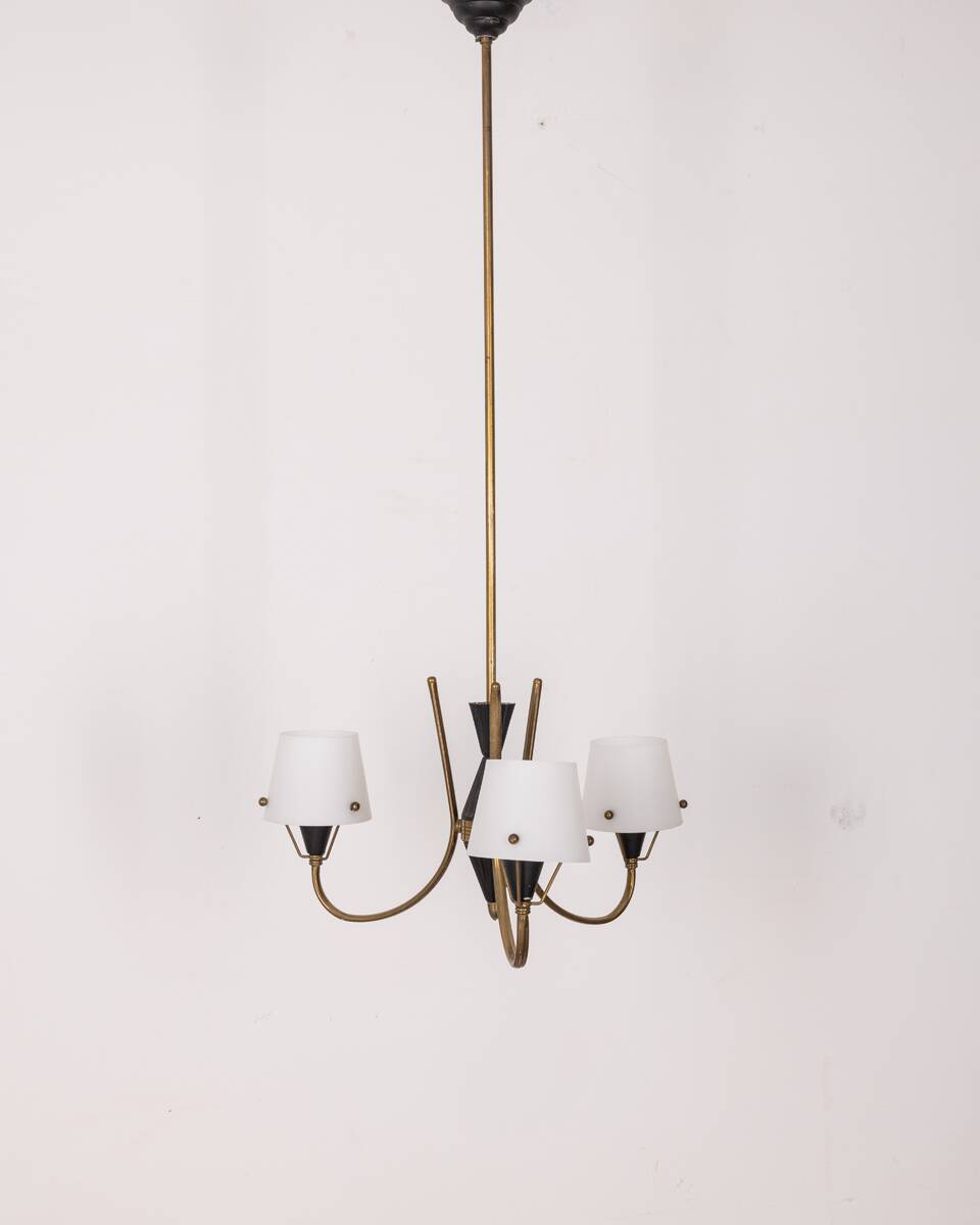Vintage 50's chandelier with three lights in glass, italian design