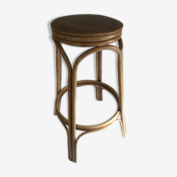 Tabouret bar haut en rotin assise tressée vintage