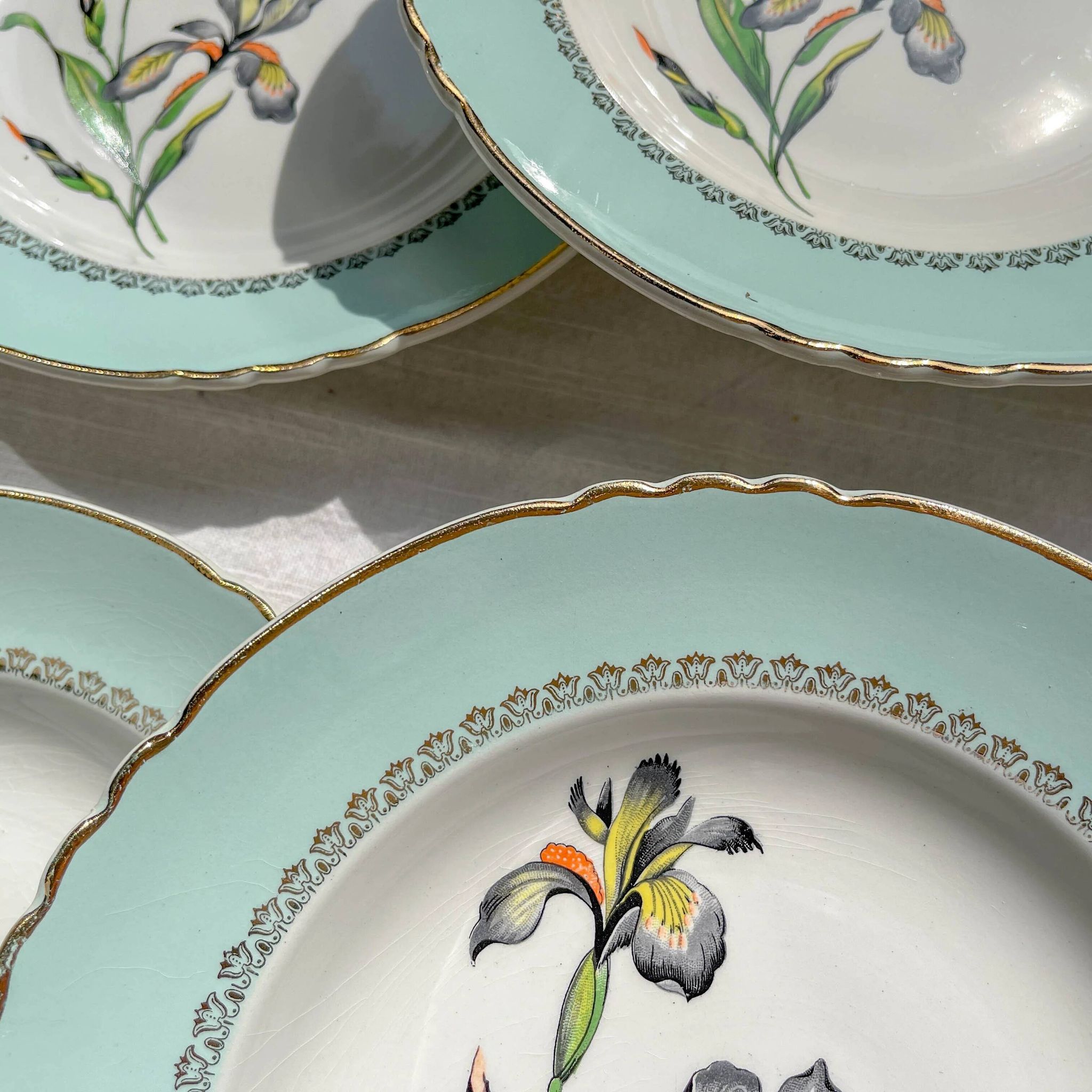 6 vintage white and green porcelain soup plates Iris Moulin des Loups "Sargosse" 1950s