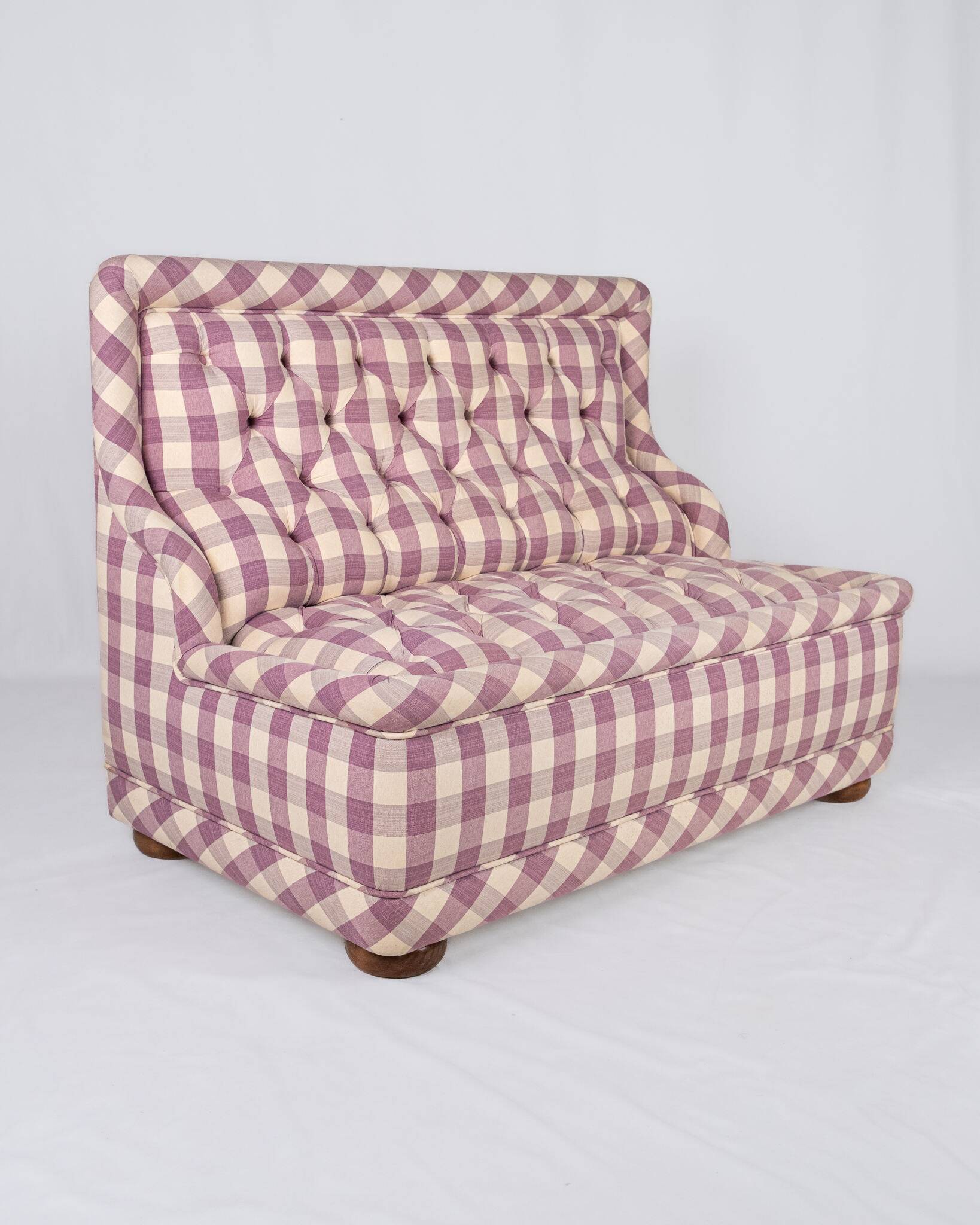 Upholstered bench in mauve and cream Vichy fabric, France, 1970s