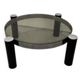 Vintage Italian design round coffee table in chrome and smoked glass.