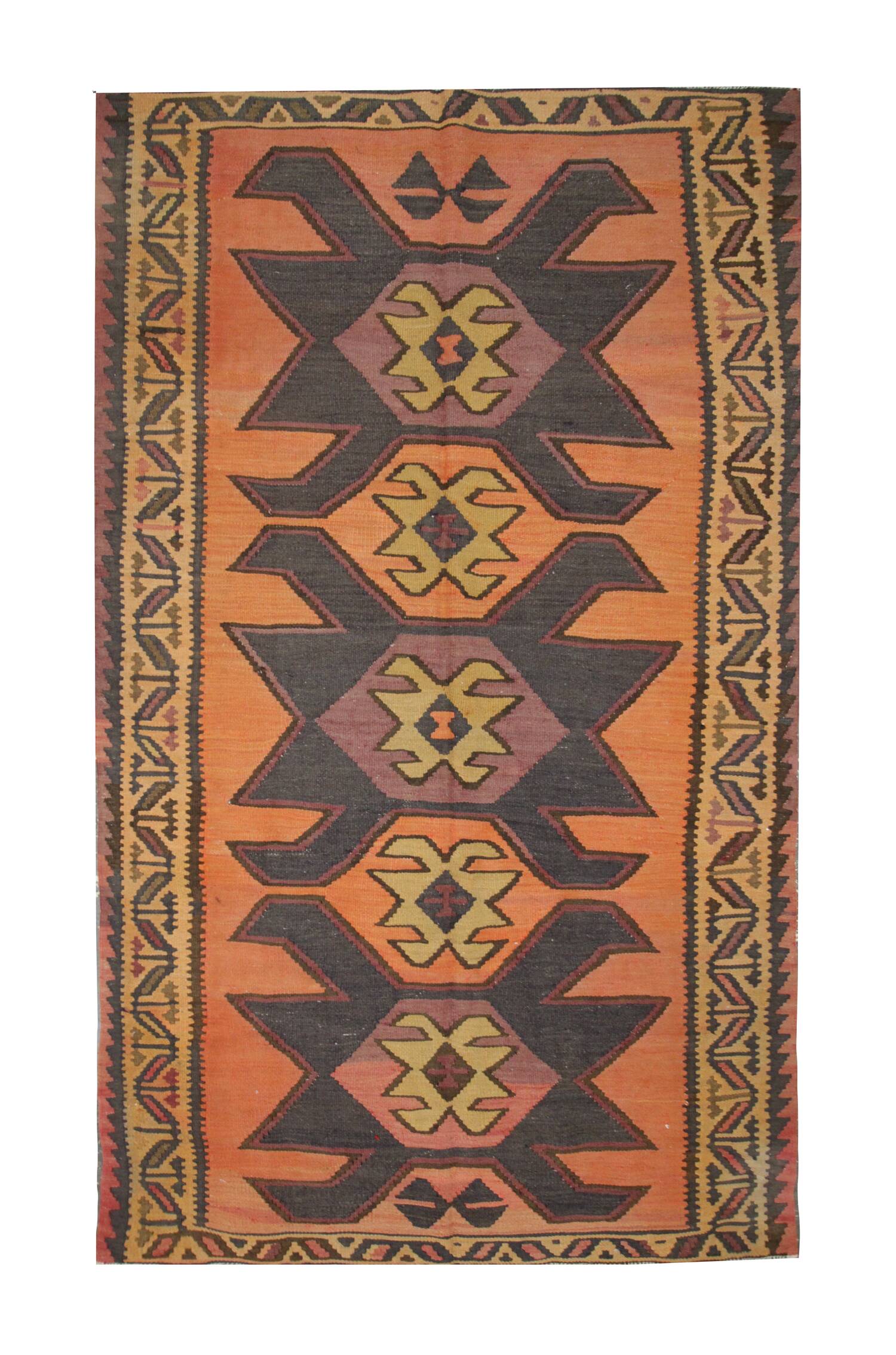 Rug & Kilim Rust Geometric Runner, Handmade Tribal Wool Flatweave, Boho Hallway Rug