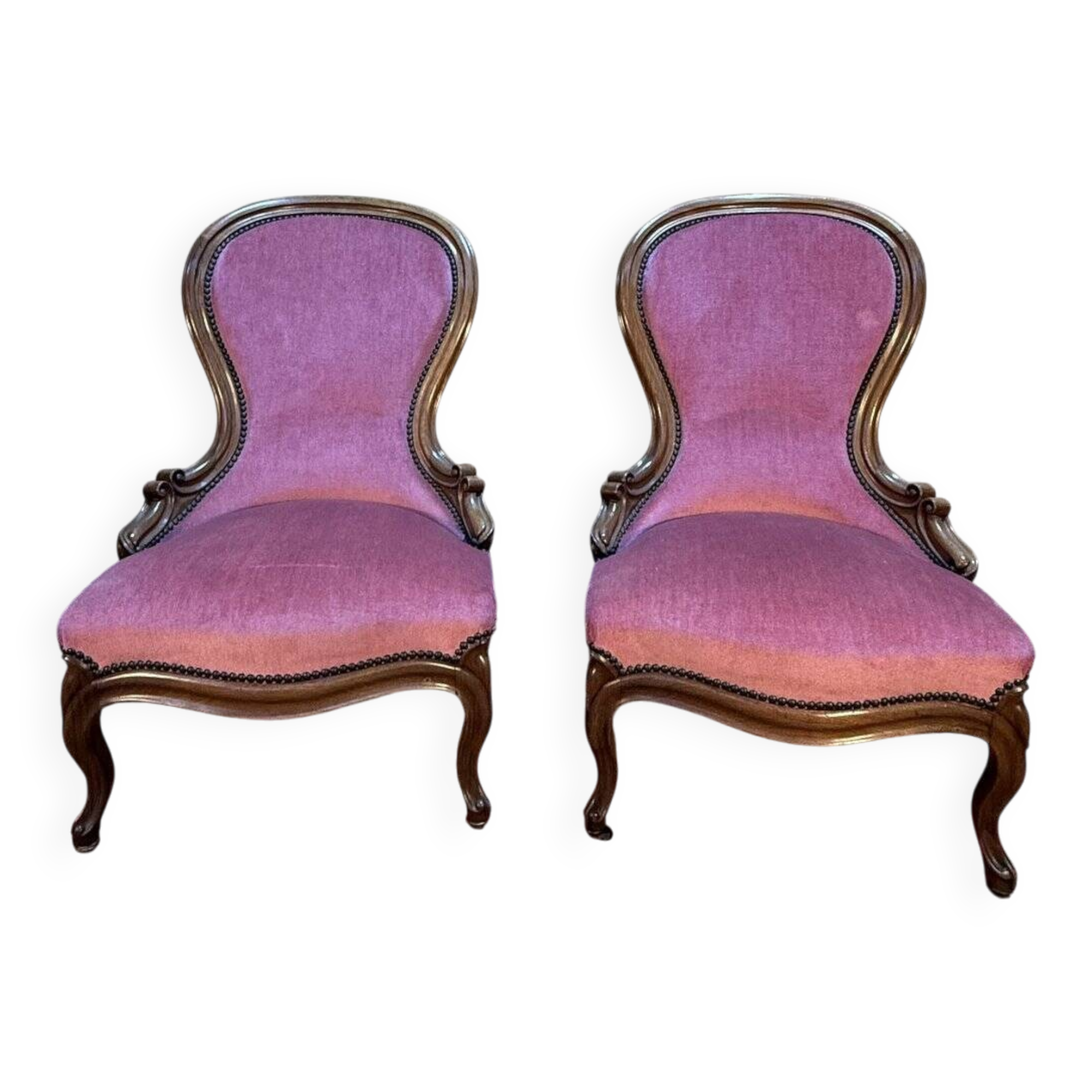Pair of Louis Philippe armchairs in walnut and pink velvet.