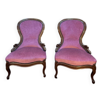 Pair of Louis Philippe armchairs in walnut and pink velvet.
