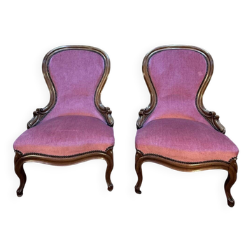 Pair of Louis Philippe armchairs in walnut and pink velvet.