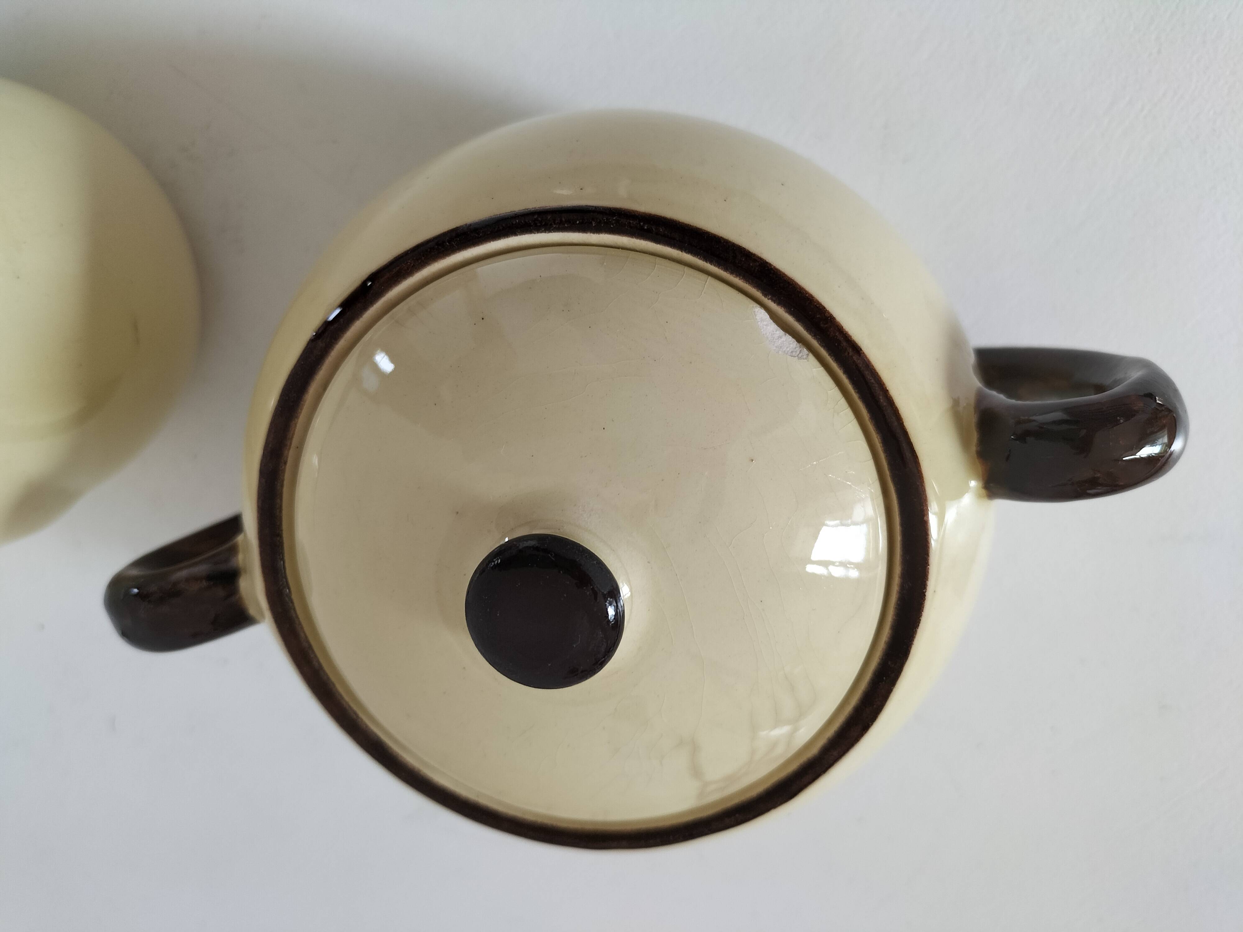 HBCM Sugar Bowl and Milk Jug Duo - Vintage Cream and Brown Earthenware