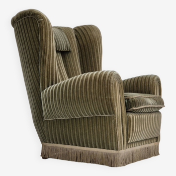 Fauteuil relax danois à dossier haut, état d'origine, mobilier en velours vert années 1960