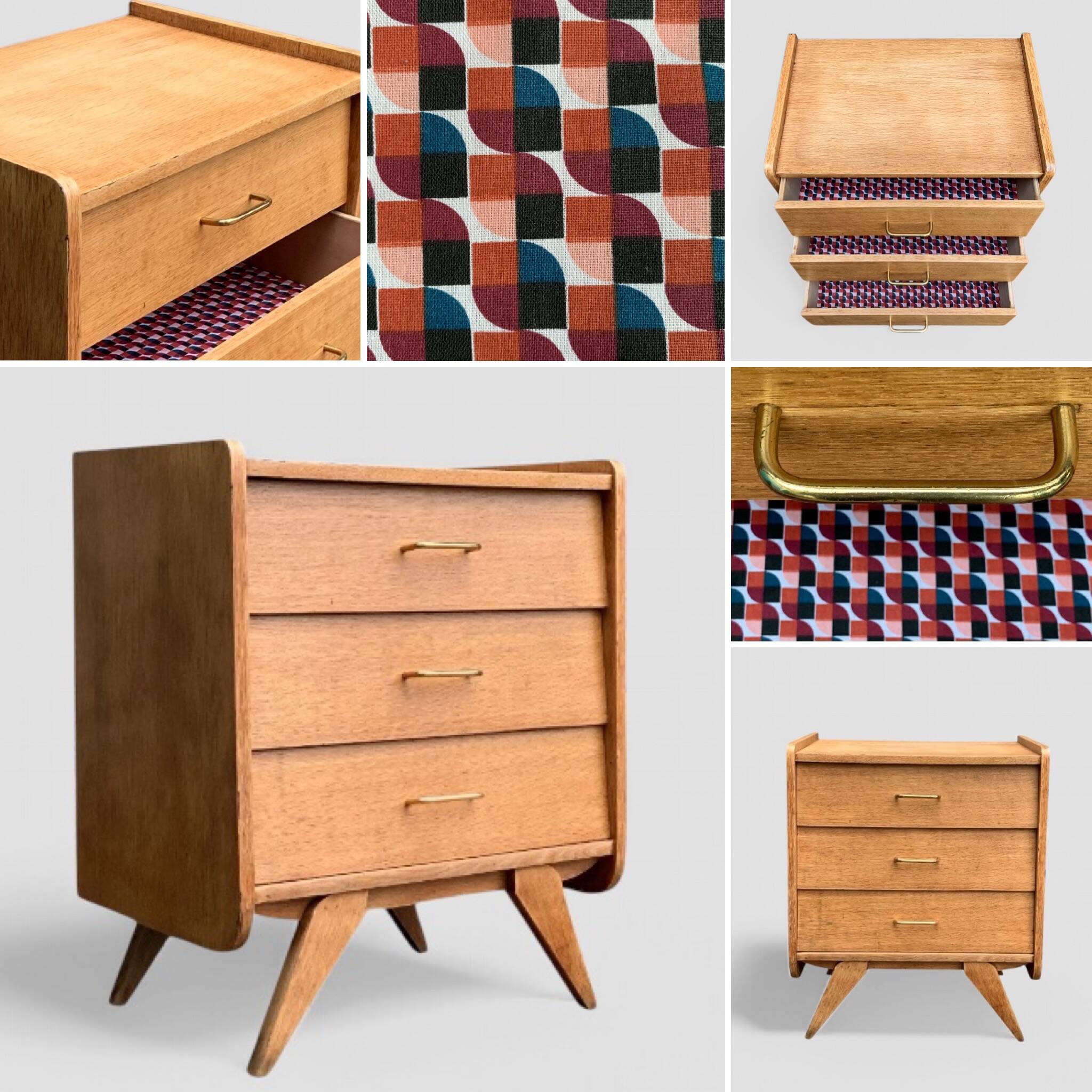 Vintage chest of drawers with compass feet, raw oak, 1960