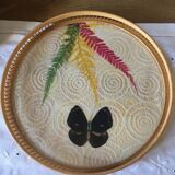 Vintage bamboo tray decorated with ferns and butterflies