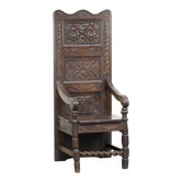 Chaise en chêne wainscot anglais du XVIIIe siècle unique avec une incroyable sculpture sur bois.