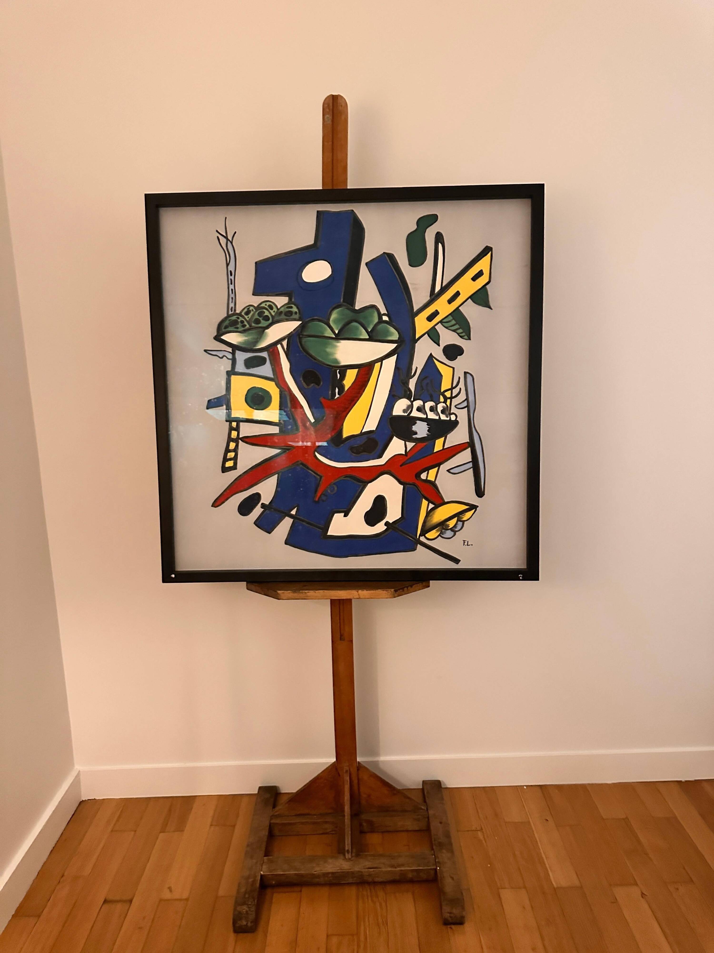 Impression sérigraphique encadrée sur soie, après Fernand Léger, composition moderne du milieu du siècle