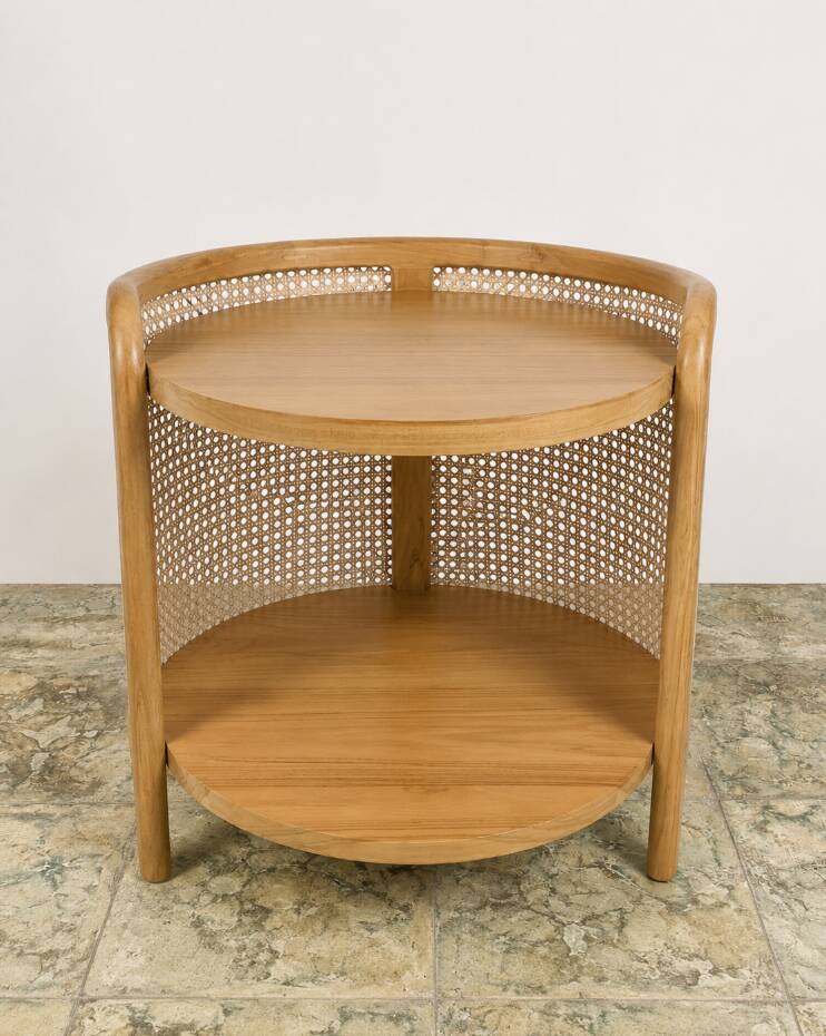 Coffee table made of teak and handcrafted rattan from Indonesia.