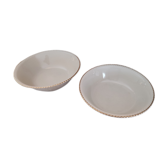 Set of 2 pull-out salad bowls in porcelain Bavaria beige bordered gold model Jutta