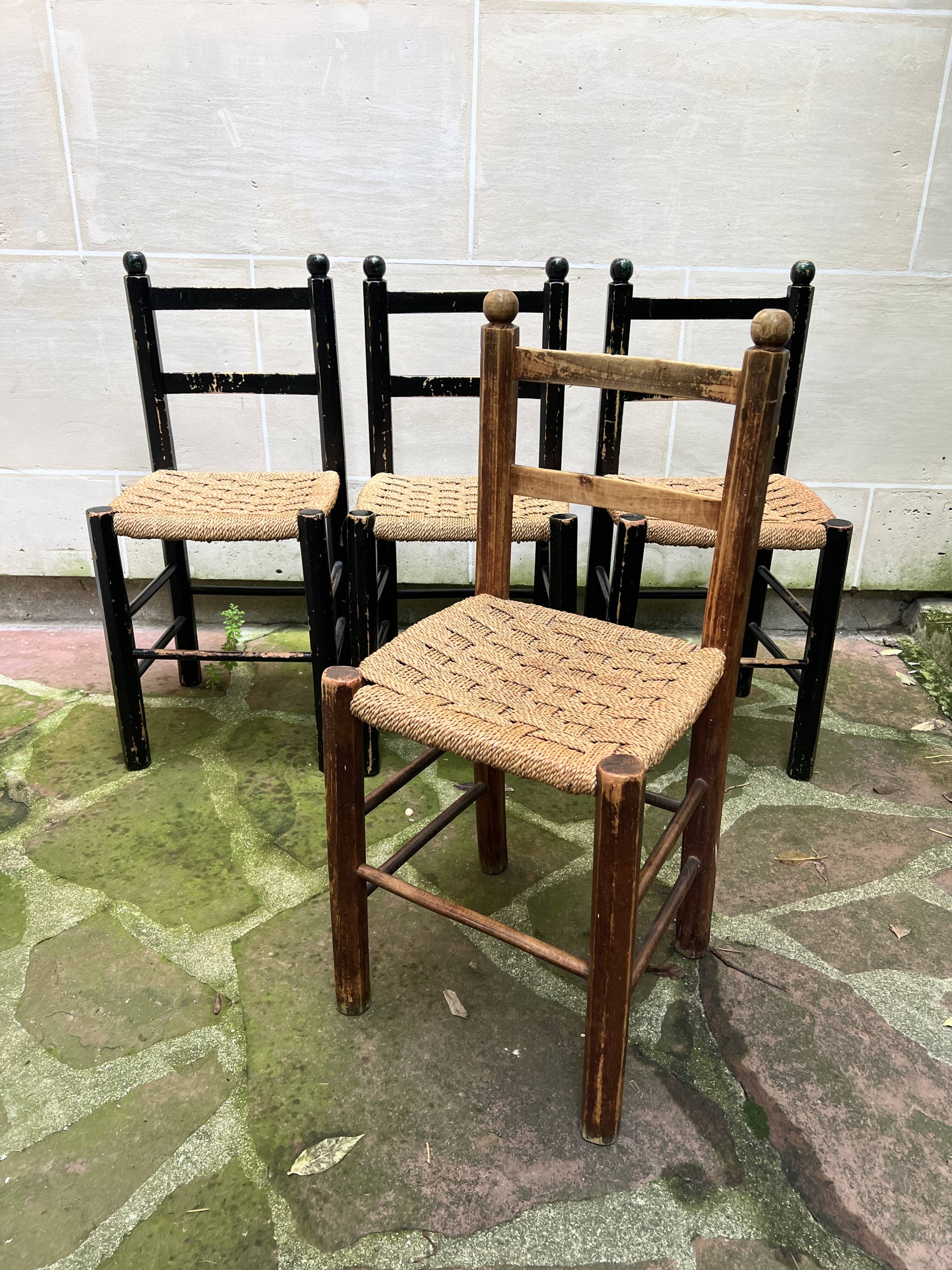 Chaise Italienne Vintage Bois Brut Corde Tressée Artisanale