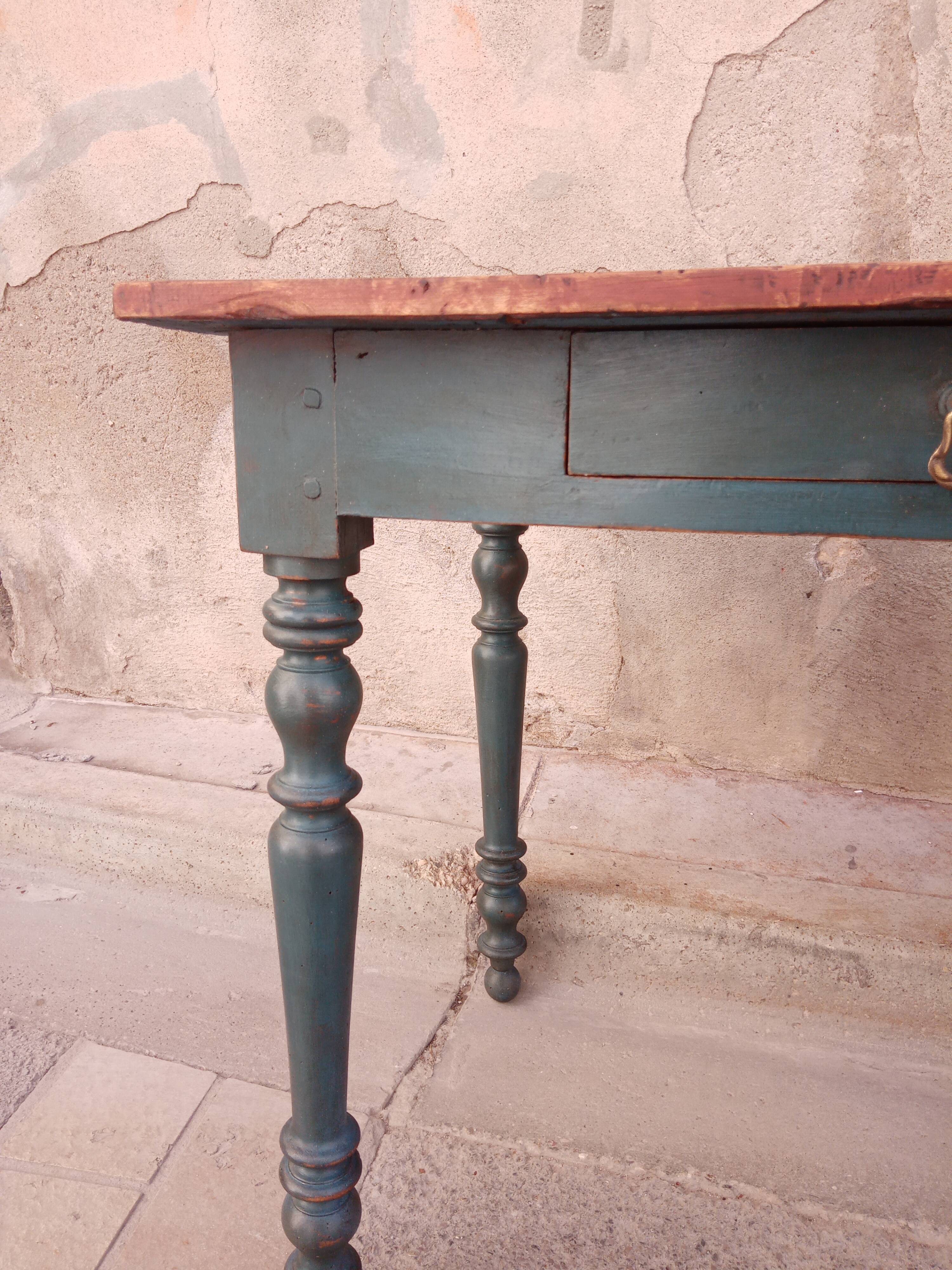 Old side table, desk, 1 drawer, blue patina aubusson
