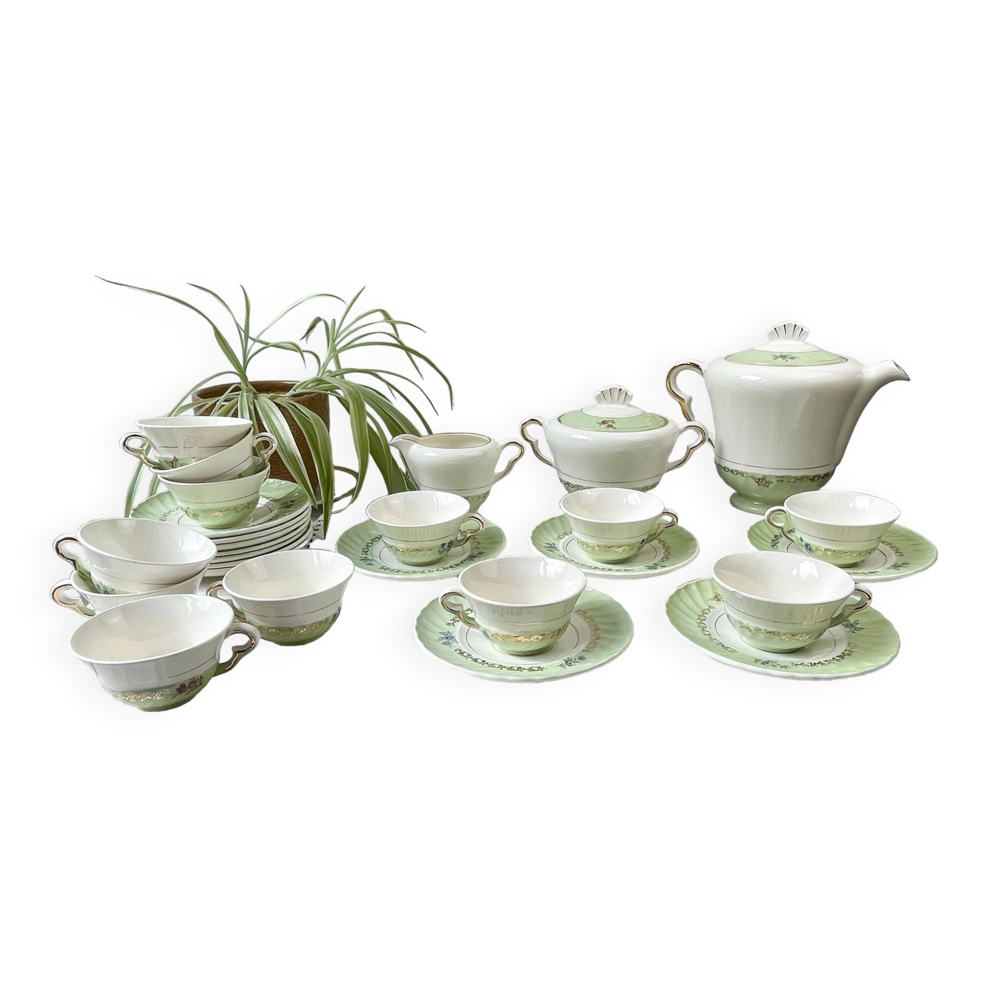 Vintage tea/coffee set in white, green and gold porcelain by SALINS, made in France