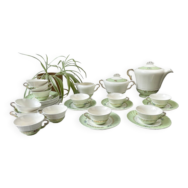 Service à thé/café vintage en porcelaine blanche verte dorée SALINS made in France