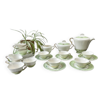 Vintage tea/coffee service in white green gold porcelain SALINS made in France