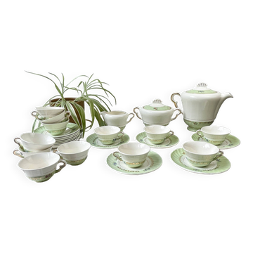 Vintage tea/coffee set in white, green and gold porcelain by SALINS, made in France