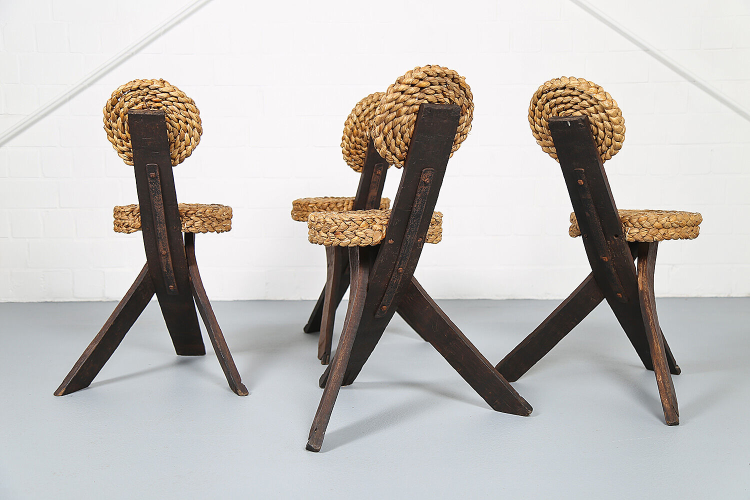 Original set of 4 tripod chairs by Frida Minet and Adrien Audoux, 1950s, France