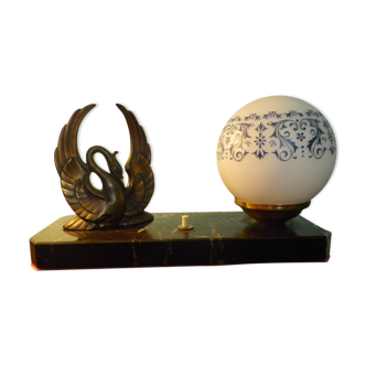 Table lamp, art deco, marble with opaline and decoration in bronze patinated regulator - 40s