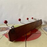 Vintage carved wooden wall coat rack - 4 red balls