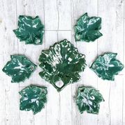 Plate and its 6 vintage bowls from Vallauris, green ceramic in the shape of a leaf.