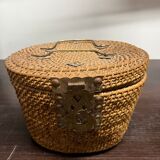 Chinese porcelain tea set in its portable wicker basket