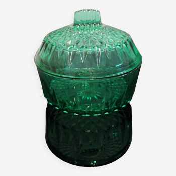 Bonbonnière ou sucrier Arcoroc en verre facetté vert émeraude, années 60