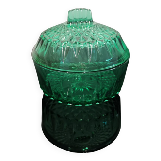 Bonbonnière ou sucrier Arcoroc en verre facetté vert émeraude, années 60